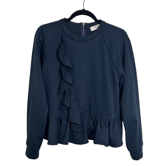 Sea New York Long Sleeve Ruffle Embroidered Pleated Top Navy Womens Medium - Picture 1 of 7